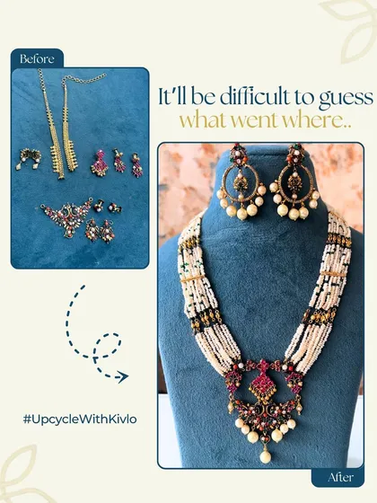It's hard to guess what went where in this transformation. We took a collection of old, mismatched earrings, pendants, and chains and masterfully combined them into a single, breathtaking pearl and ruby haar with matching earrings.