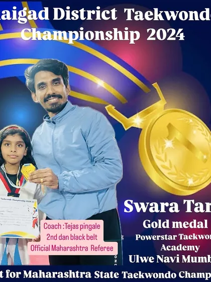 Another gold medalist, Swara Tarde, after her win at the Raigad District Taekwondo Championship 2024. Her performance has earned her a spot in the state championship.