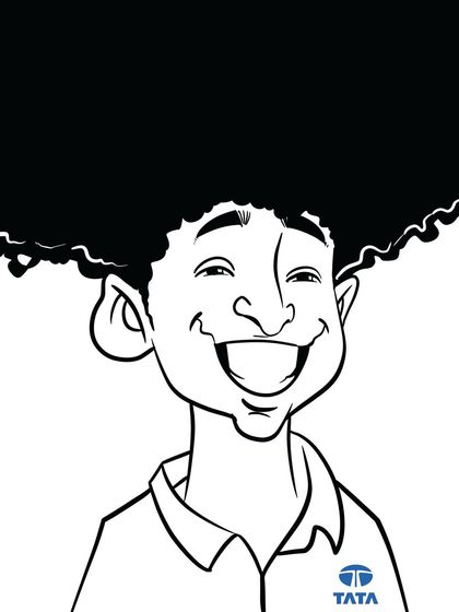 A fun, black and white caricature of Shantanu Naidu, the General Manager at Tata Motors, capturing his signature hairstyle.