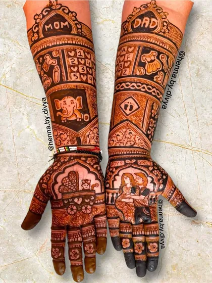 A personalized baby shower design that includes portraits of the couple, a baby elephant, and the names of the parents, 'Mom' and 'Dad', integrated into the artwork.