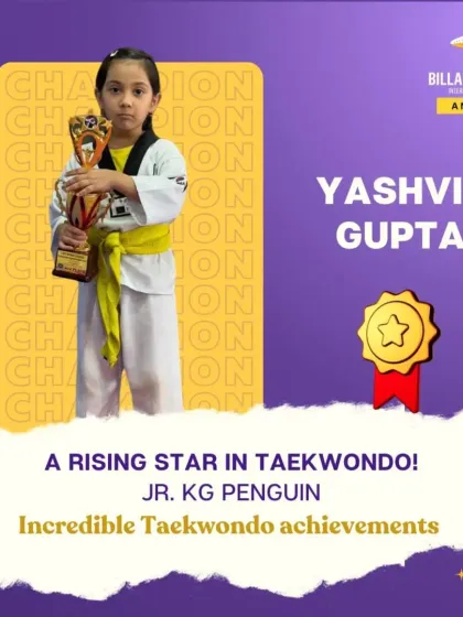 A graphic celebrating the incredible achievements of our Jr. KG student, Yashvie Gupta. A true rising star in the world of Taekwondo.