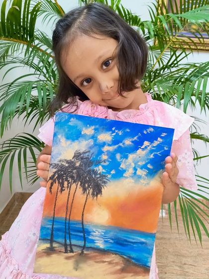 A gorgeous seascape painting with palm trees, showing a student's impressive skill with blending and creating realistic clouds.