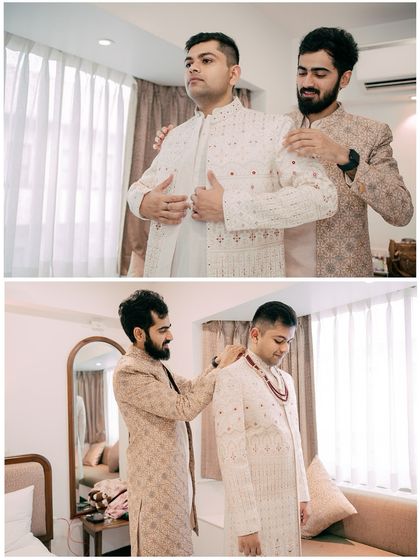 A collage showing the groom getting ready with the help of his groomsman, a moment of friendship and support before the ceremony.