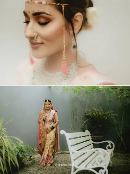 A collage of bridal portraits. The soft, dreamy focus and the beautiful natural backdrops highlight the bride's elegance and joy.