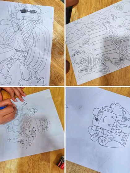 A showcase of the incredible doodle art created by the children in our workshop. Each piece is a testament to their unique imagination and newfound skills in pattern and character creation.
