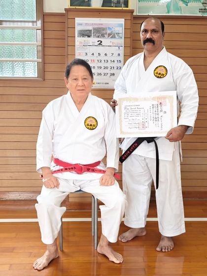 With my teacher, Hanshi Minoru Nakazato, at the Shorinkan Honbu Dojo. His guidance has been essential to my journey in karate.
