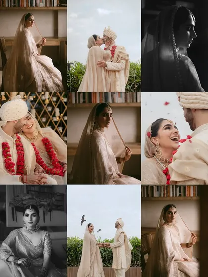 A collage summarizing a beautiful, intimate wedding, from the bride's solo portraits to the couple's happy moments together.