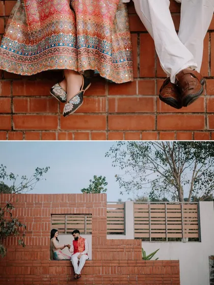 A creative composition showing Rahul and Anjali at Grape County. The top frame focuses on their footwear, while the bottom shows them relaxing in a modern architectural setting.