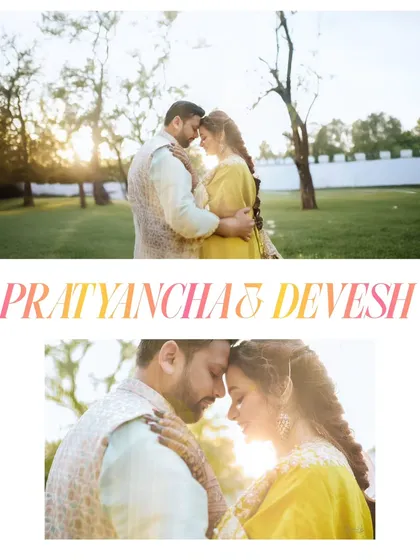 A collage showing a couple sharing an intimate moment during their Haldi ceremony, beautifully backlit by the golden hour sun.