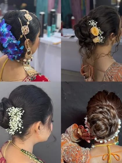 A collage showcasing the variety of buns I create, from messy updos with flowers to sleek buns with traditional jewelry.