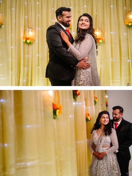 A diptych of the couple posing against a warm, beautifully lit backdrop at their reception.