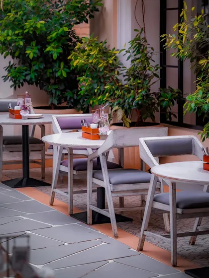 My outdoor seating area, a tranquil space to enjoy a meal or a drink. We are now open on Mondays after 5 PM for you to start your week with a touch of curiosity.