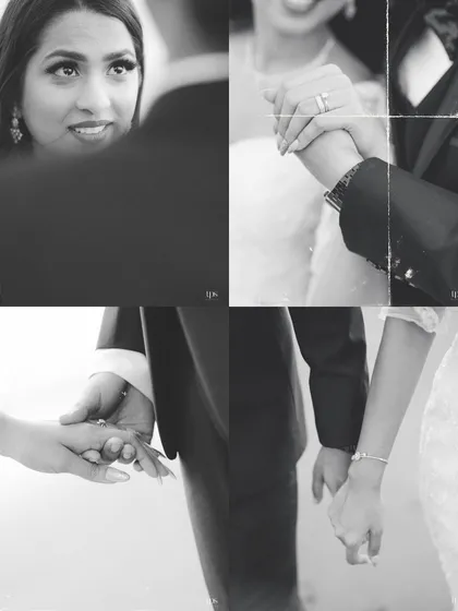 A black and white collage focusing on the small, intimate gestures of love. From holding hands to a loving gaze, these details tell a powerful story of connection.