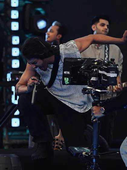 A close-up of the camera operator capturing a passionate performance on the 'Saiyaara' set.