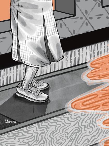 A detailed view of the 'Secret Door' piece, focusing on the character's stance and the river of imagination flowing at her feet. The mix of pen-style shading and the solid orange color creates a strong visual contrast.