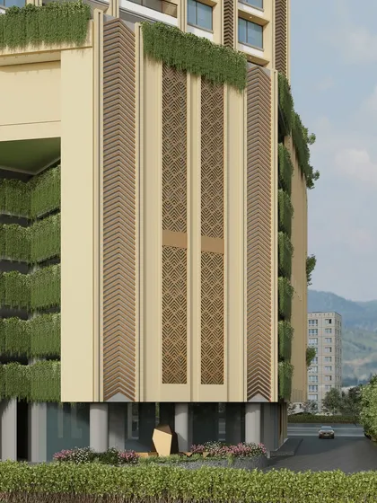 Another detail of the Mulund facade, showing the interplay between the patterned screens, vertical louvers, and cascading vertical gardens. This approach creates a rich, layered aesthetic that is both modern and connected to nature.