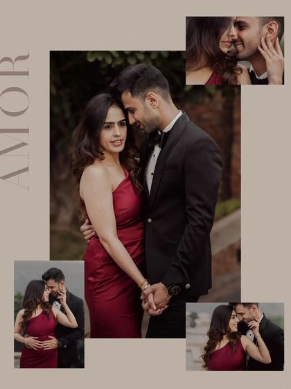 A collage of intimate pre-wedding portraits, showcasing the couple's affection and chemistry in a series of close-up shots.