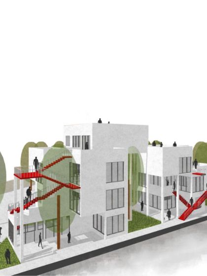 A conceptual render showing the integration of elevated walkways and green terraces in our Ayodhya social housing project, promoting vertical community interaction.