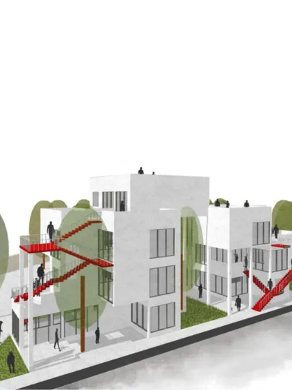 A conceptual render showing the integration of elevated walkways and green terraces in our Ayodhya social housing project, promoting vertical community interaction.