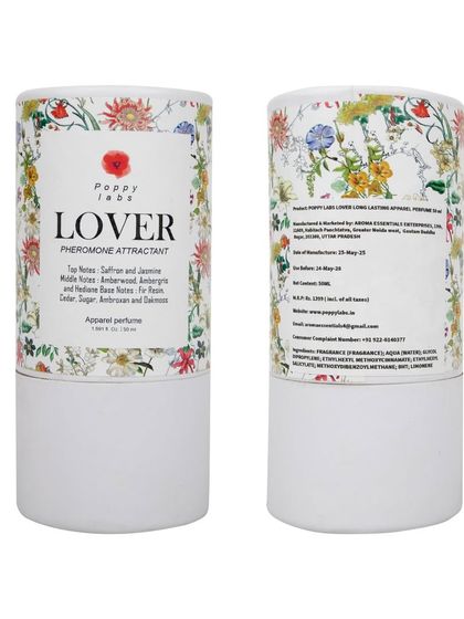 Front and back views of the 'Lover' perfume packaging, isolated on white.