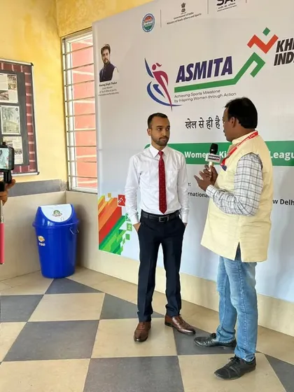Being interviewed for the Khelo India Women's League. It's important to use every platform to advocate for sports and athlete development, especially for empowering women in combat sports.