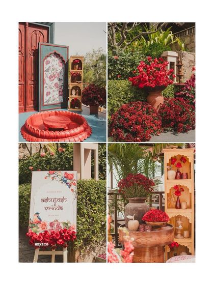 A collage of the beautiful details from the 'Gulmohar Bagh' Haldi, from the welcome signage to the floral-adorned decor.