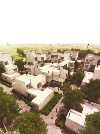 An aerial view of the conceptual layout for the Ayodhya social housing project, demonstrating how the buildings are arranged to create a vibrant, interconnected community.