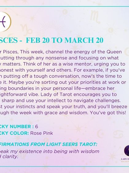 A weekly tarot forecast for Pisces. This week, channel the energy of the Queen by cutting through any nonsense and focusing on what truly matters. Trust your instincts and speak your truth, and you'll breeze through the week with grace and wisdom.