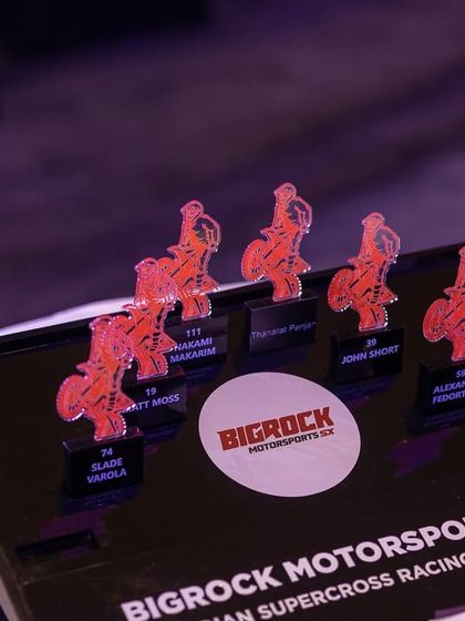 Custom-made acrylic trophies for the Bigrock Motorsports SX team. We handle merchandising and create bespoke awards for the leagues we manage.