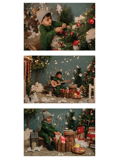 A collage of a little boy in green enjoying all the festive details of our Christmas set.