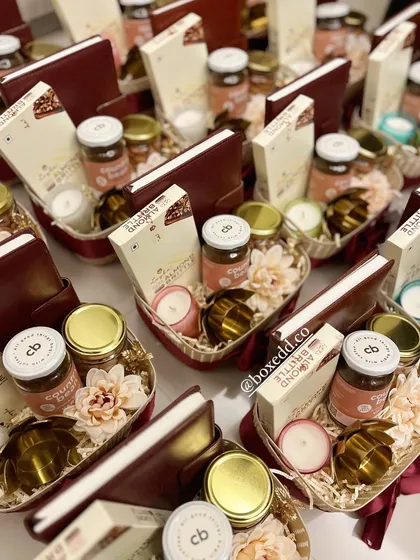 A different perspective of the heart-shaped Diwali baskets, showing the consistency and care we put into assembling each and every hamper.