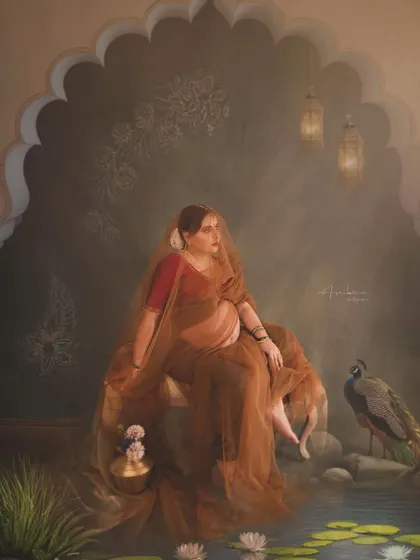 Veiled in sheer fabric, the expecting mother sits like a royal figure in a classic, artistic maternity portrait. The soft lighting, the peacock, and the architectural elements all contribute to a timeless, elegant frame straight out of a painting.