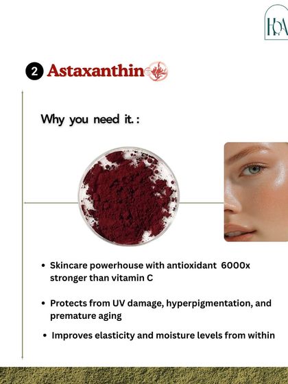 Astaxanthin is a skincare powerhouse, with antioxidant properties 6000 times stronger than vitamin C. It helps protect from UV damage, hyperpigmentation, and premature aging while improving elasticity from within.