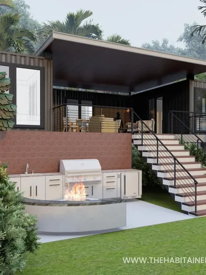 A render showing the outdoor barbecue and fire pit area for the 3BHK container home. This space is designed for entertaining and enjoying the outdoors with family and friends.