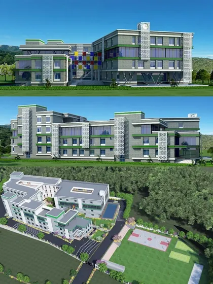 This 3D rendering of Venkateshwar World School in Pune shows our initial design concept. The plan included a modern facade with grey stone, white GRC jalis, and green tiles, all set within a lush, green campus with integrated sports facilities.