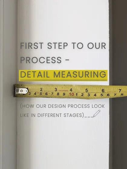 This series shows our complete design process. It starts with detailed on-site measurements, moves to conceptual sketches of the layout, and finishes with the final 3D model of the building's facade.