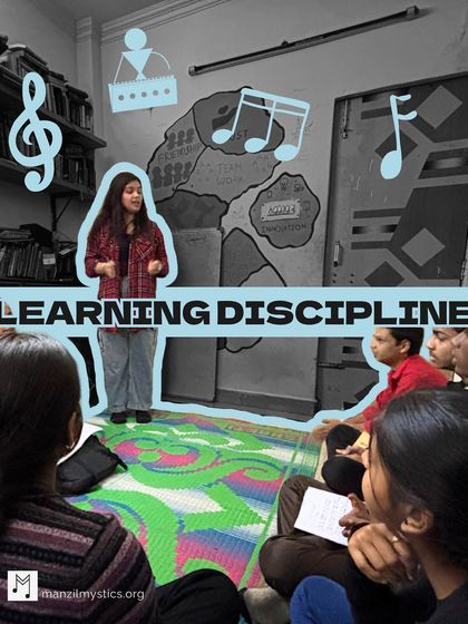 "Learning Discipline." A student stands and leads the class, demonstrating the discipline and confidence she has gained through our vocal training program.