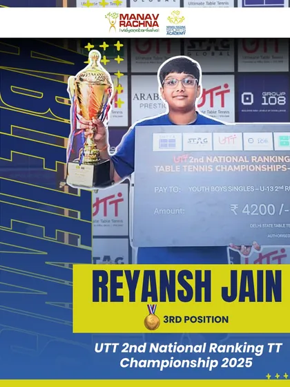 Bronze glory for our table tennis athlete Reyansh Jain at the UTT 2nd National Ranking TT Championship. His dedication and discipline have earned him national recognition, and we are incredibly proud.