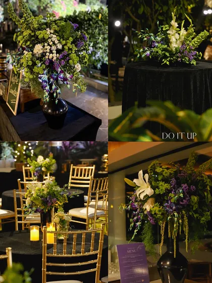 A collage of the floral and table details from the Rishikesh Sangeet. The theme featured dark linens with contrasting arrangements of green, white, and purple florals, creating a sophisticated and moody vibe.