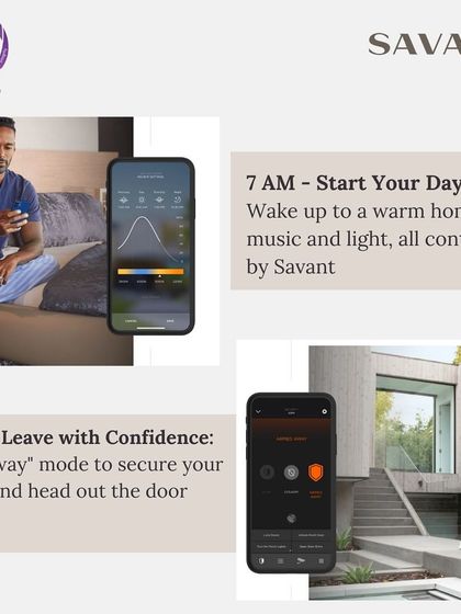 A visual breakdown of a smart day: a "Start Your Day" scene at 7 AM with music and light, and an "Away" mode at 8 AM to secure your home with one tap.