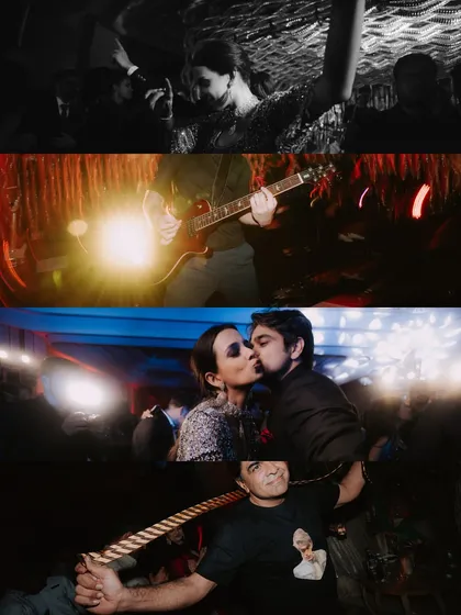 A collage capturing the rock-and-roll vibe of a Sangeet night. From live guitar performances to the couple dancing with their guests, these shots showcase a night of high-energy celebration.