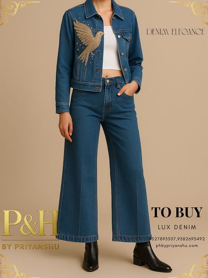 A full-length shot of the golden bird denim set, showcasing the flattering fit and artistic embellishment.