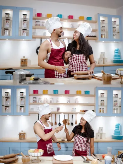 A collage of candid moments from Tanvi and Cyrus's cooking adventure. These shots capture their natural interaction and the joy they find in doing everyday things together.