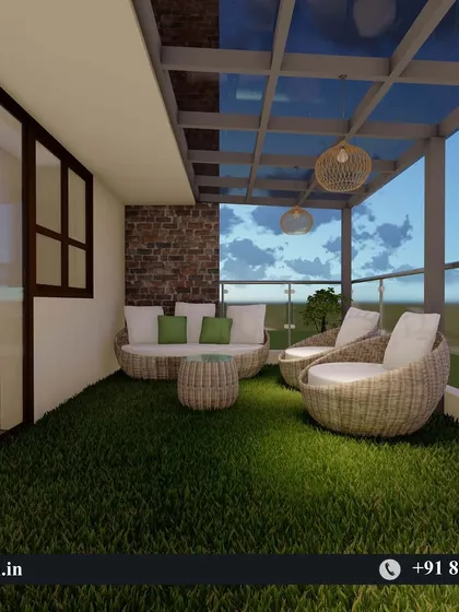 This 3D render visualizes a cozy balcony transformation. It features a simple glass roof pergola, comfortable wicker furniture, and artificial grass flooring to create a private, green oasis in the city.