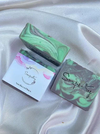 This is my Northern Pines soap. The green and grey swirls remind me of a forest, and it has a fresh, woody scent to match.