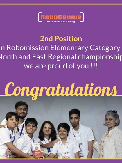 We nurture talent from a young age. We celebrate Team "Trident" for their fantastic performance, winning 2nd Position in the Robomission Elementary Category at the WRO North and East Regional championship. This achievement highlights the strength of our foundational robotics programs for younger students.