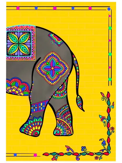 This view captures the back half of the elephant, showcasing the flow of patterns along its body and tail. It's a unique perspective that highlights the artistry in every part of the design.