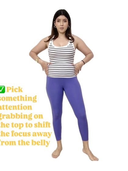 A simple but effective tip for postpartum or tummy-conscious dressing. Choosing an attention-grabbing top, like this striped tank, helps shift the focus away from the belly.