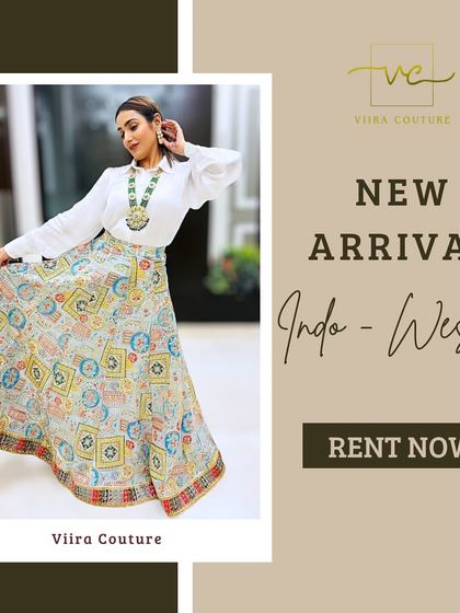 A "Rent Now" graphic for my new Indo-Western arrivals, featuring the printed lehenga skirt.