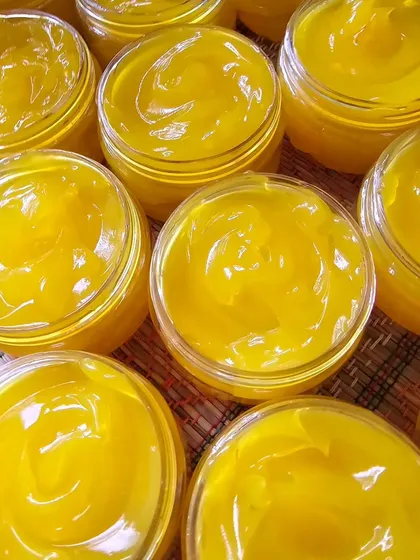 An overhead shot of several pots of my Saffron Day Gel. I always make sure each batch is consistent in quality and texture.